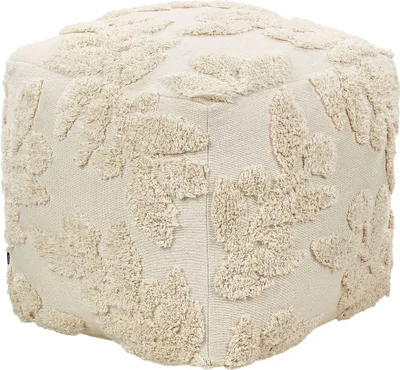 A cube-shaped pouf with a textured leaf pattern.