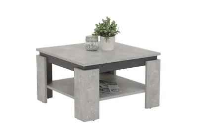 A square coffee table with a concrete-like finish and black legs, shown from a diagonal angle.