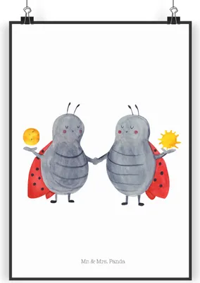 Produktbild von Mr. & Mrs. Panda Bild Sternzeichen Zwilling DIN A3 - Weiß - Geschenk, wanddeko, Plakat, Zwillingsbruder, drucke, Zwillinge, Wandbild, Zwillingsschwester, Glückskäfer