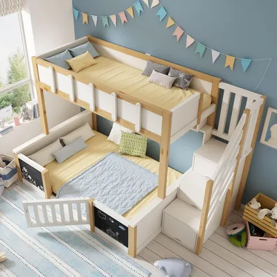 Produktbild von STILVORA Etagenbett 90x200 & 140x200 cm mit Stauraum-Treppe, Familienbett mit Kreidetafel und Sicherheitstür, Stockbett aus Holz