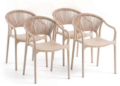 Produktbild von 4er-Set stapelbare Stühle aus Polypropylen mit Rückenlehne aus geflochtenem Seil und Armlehnen, für Garten, Terrasse, Bars und Restaurants – Jennifer Karamell
