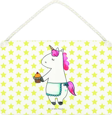 Produktbild von Mr. & Mrs. Panda Deko Schild Einhorn Muffin DIN A4 - Weiß - Geschenk, kleine aufmerksamkeit, Holzschild, Geburtstag, Unicorn, Wandbild Holz, Kekse, holzbild, Glückwünsche