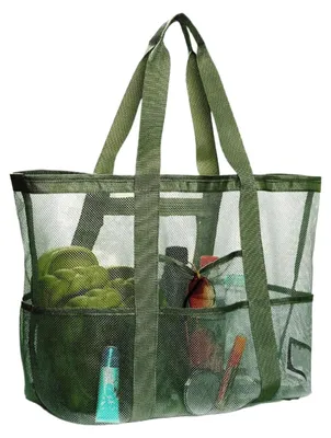 Große Mesh-Strandtas, grün, 40 L, zusammenklappbar, mit Taschen