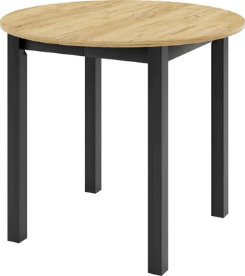 A round dining table with a wood-look top and black metal legs, shown from a slightly elevated front angle against a white background.