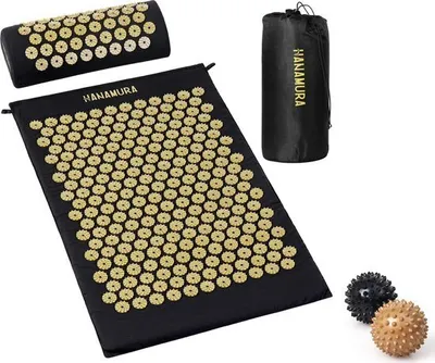 Produktbild von Hanamura Shakti-Matte - Akupressurmatte mit Kissen, Aufbewahrungstasche & 2 Triggerpunkt-Bällen - 100% Baumwolle - 74x44cm