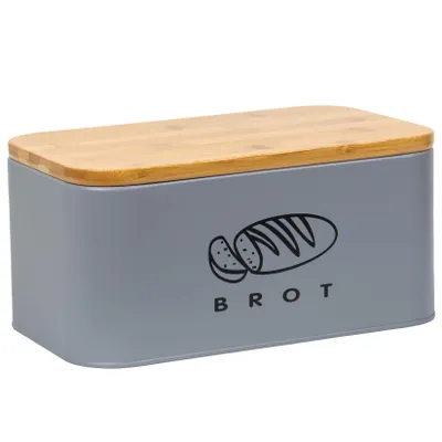 Produktbild von Theo&Cleo Brotkästen mit Deckel, Deckel aus Ökologisches Bambus, Kann als Schneidebrett, Geräumiger Retro Brotkasten aus Metall, Brot Lange Aufbewahren und Frisch Halten 30cm * 18cm * 14cm Grau