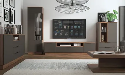 Produktbild von Wohnzimmer-Set 5-teilig Alicante Anbauwand mit Couchtisch walnussfarben schwarzgrau