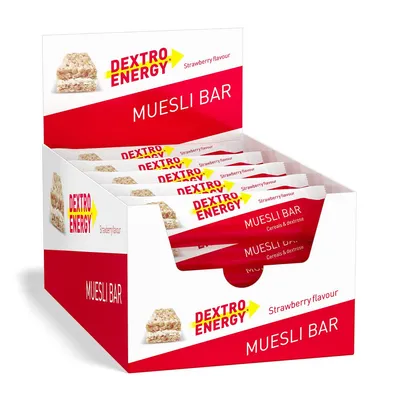 Produktbild von Dextro Energy Muesli Bar, Erdbeere, 25 x 35g (25er Pack), Müsliriegel zur schnellen Kohlenhydrate Versorgung