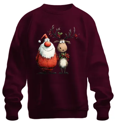 Immagine prodotto di Divertente Babbo Natale e Renna Cartoon Regalo di Natale Unisex Felpa Pullover, Borgogna, 3XL