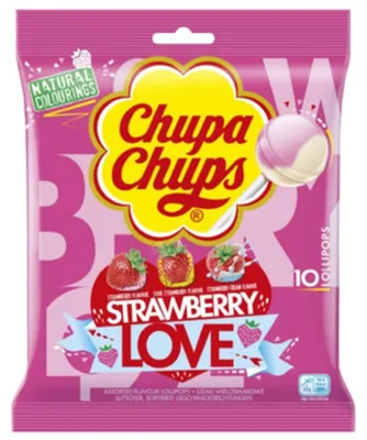 Zdjęcie produktu dla Chupa Chups Lizaki Strawberry Love o smaku truskawkowym, truskawkowo - śmietankowym i kwaśnej truskawki 120g