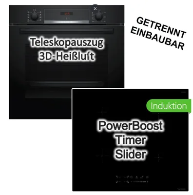 Produktbild von Herdset Bosch Einbau Backofen Hydrolyse Teleskopauszug 3D Heißluft + keenberk Induktionskochfeld Booster Touch-Slider