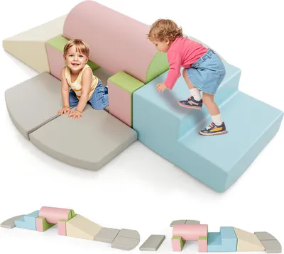 Produktbild von GOPLUS 10-teilige Schaumstoff-Bausteine, Riesenbausteine mit Abnehmbarer Kunstlederbezug, Softbausteine für Kinder zum Klettern, Hellrosa