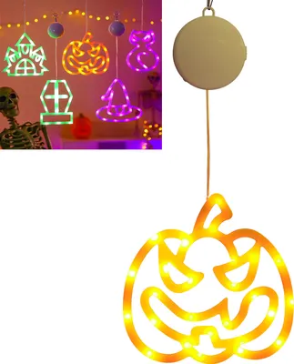 Productafbeelding van LED-raamverlichting, lichtkettingen, Halloween-pompoenen, hangende lichtgordijnen voor Halloween, Pasen, Kerstmis, feestjes, balkon. Werkt op batterijen en wordt bevestigd met zuignappen