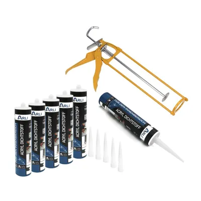 Produktbild von ARLI Kartuschenpresse aus Metall + 6x Acryl 310 ml Dichtstoff Weiß Bauacryl Fugendichter Maleracryl - Set