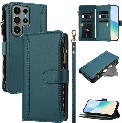 Produktbild von Handyhülle für Samsung Galaxy S23 Ultra Reißverschluss Geldbörse Kunstleder Klapphülle mit Kartensteckplatz, Ständer, Handschlaufe Grün