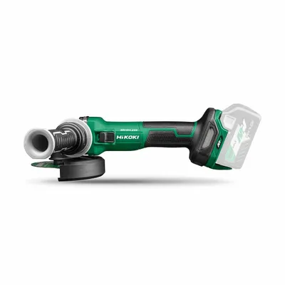 A cordless angle grinder with a battery pack attached.