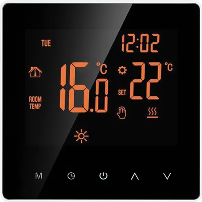 A digital thermostat display showing temperature, time, and settings.