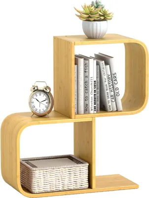 Immagine prodotto di Libreria a forma di S - Scaffale indipendente in bambù - Due ripiani - Ufficio e decorazioni - Richiede assemblaggio - Naturale