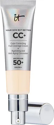 A tube of CC cream foundation with the cap off, showing the pump dispenser.