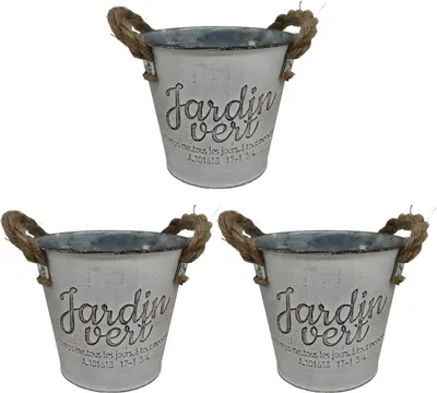 Obrázok produktu pre Sada kvetináčov Relaxdays, 3 obaly na kvetináče „Zelená záhrada“, V x H: 12,5 x 14 cm, kvetináč na bylinky s uchom, železo a juta, strieborný