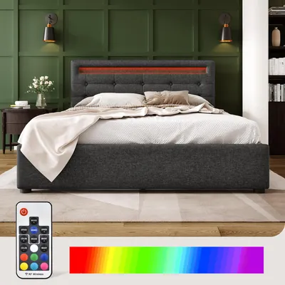 Image de Cadre de lit 140x200, avec éclairage LED, 4 tiroirs, tête de lit réglable en hauteur, sommier à lattes, sans matelas.