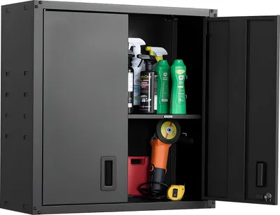 Produktbild von Werkstatt-Hängeschrank - Werkzeug-Wandschrank aus Stahl - Abschließbare Türen - Verstellbarer Einlegeboden - Maße 76,2 x 31 x 76,2 cm - Wandmontage - Schwarz