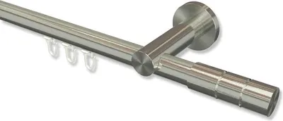 A close-up, studio shot of a metal curtain rod with hooks, against a white background.