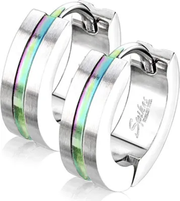 Produktbild von Männer Creolen bicolor: gebürstete Edelstahl Klappcreolen Ohrringe Regenbogen