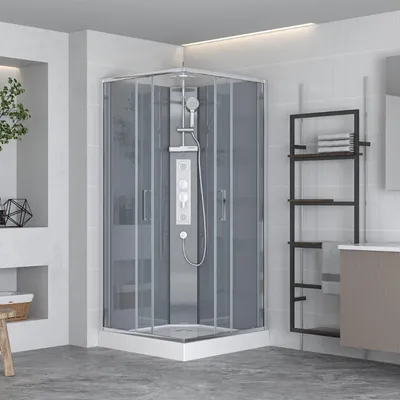Productafbeelding van SAT Project: Kwadratische douchecabine met schuifdeur, 90x90 cm. Inclusief douchebak en douchesysteem, chroom