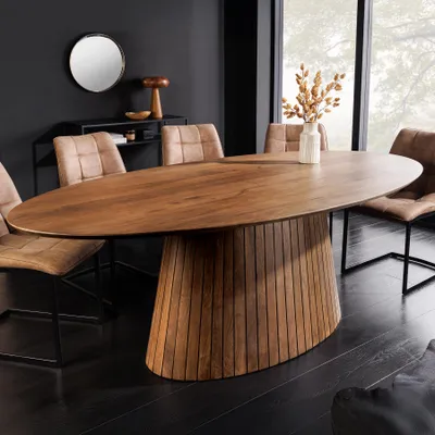 Produktbild von riess-ambiente Ovaler Esstisch ART DECO 220cm braun smoked massives Mangoholz mit Säulenfuß Esszimmertisch Tisch Konferenztisch