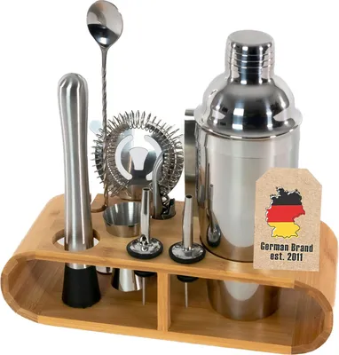 Immagine prodotto di Intirilife Set di shaker da cocktail in acciaio inox da 12 pezzi con supporto in bambù per amatori e professionisti