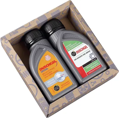 Produktbild von Lustiges Duschgel Geschenkset für Männer im Motoröl-Design mit passender Geschenkverpackung