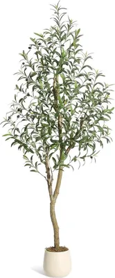 Produktbild von Künstlicher Olivenbaum - Kunstpflanze - Mit Pflanztopf - 183 cm - Kunststoff - Für Außenbereich - Grün, milchweißer Topf