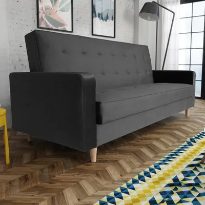 Produktbild von Schlafsofa im skandinavisches Stil Bamako Polstersofa mit Holzbeine Sofa mit Schlaffunktion Bettkasten Couch aus Velour, Farbe: Schwarz, Kronos 07