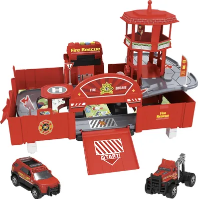 Produktbild von Feuerwehrgarage Feuerwache mit Sound- und Lichteffekten, 2in1-Funktion, 6 Metallautos 1:64 und Hubschrauber, 46,5 x 49 x 29 cm