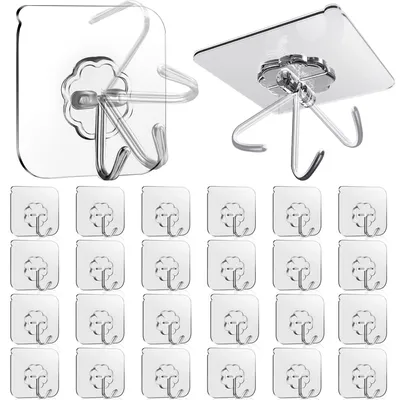 Produktbild von Selbstklebende Haken, 24 Stück, transparente selbstklebende Haken, kein Bohren erforderlich, extra starke selbstklebende Haken für Bad, Küche, Decke und Wand.