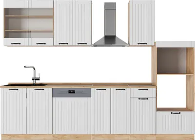 Image de Cuisine Vicco Fame-Line Blanc campagne 300cm avec armoire haute, PT Chêne, Model 56941