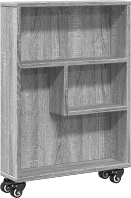 A gray wooden bookshelf with wheels.