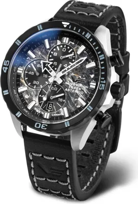 A close-up studio shot of a men's chronograph watch with a black leather strap.