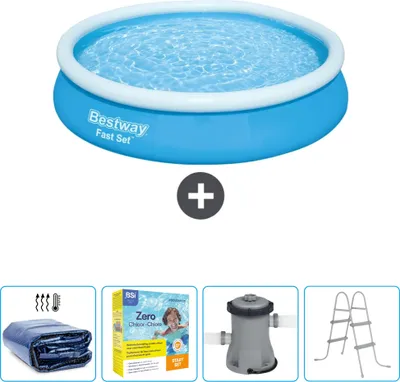 Produktbild von Bestway runder aufblasbarer Fast-Set-Pool – 366 x 76 cm – Blau – im Lieferumfang enthalten Sonnensegel - Wartungspaket - Pumpe - Leiter