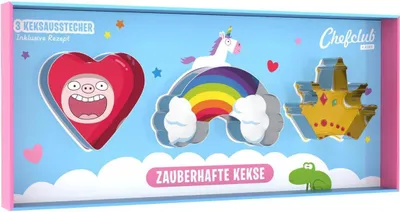 Obrázok produktu pre CHEFCLUB, vykrajovač na sušienky Magic cookies, vykrajovač na sušienky na pečenie s receptom a videom, vykrajovač na sušienky z nehrdzavejúcej ocele, vykrajovač na sušienky srdce dúhová korunka, na kreatívne pečenie s deťmi
