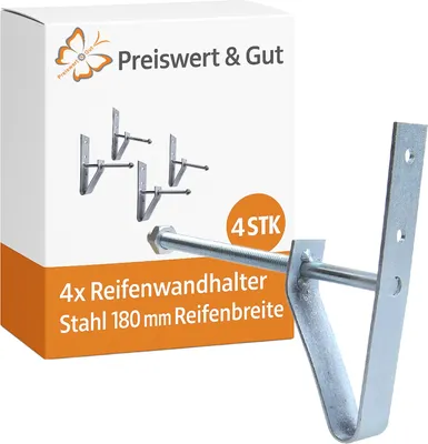 Produktbild von 4x Reifenhalter Wand 12cm Auflage und Felgenhalter Reifen inkl Befestigung Reifenständer Felgenbaum Wandhalterung Metall