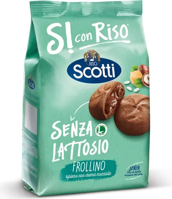 Produktbild von Riso Scotti Senza Lattosio Frollino ripieno con crema di nocciole Kekse Shortbread gefüllt mit Haselnusscreme Laktosefrei Ohne Palmöl und ohne Milchproteine 200g Biscuits cookies