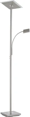 A modern floor lamp with a square base and a curved arm holding a rectangular LED light.