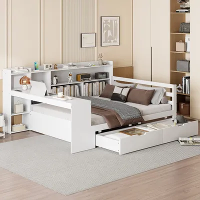 Produktbild von Odikalo Massivholzbett Schlafsofa Schreibtisch Regal Ablagefächern USB Weiß 140x200cm