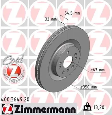 Produktbild von 2x ZIMMERMANN Bremsscheibe 400.3649.20 54mm 13 2kg 350mm