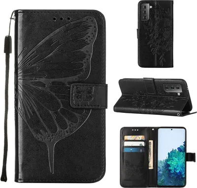 Produktbild von Galaxy S21+ Hülle, Schmetterling Prägung Flip Leder Kartenfächer Schutzhülle Ledertasche mit Ständer für Samsung Galaxy S21+ / S21 Plus 5G Schwarz
