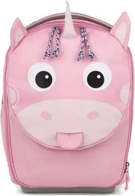 A pink unicorn backpack for children.