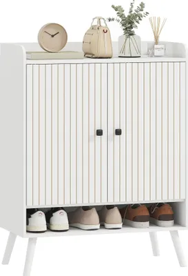Image de Armoire à chaussures - 2 portes - Étagères réglables - Mélamine et MDF - Dimensions 75 × 35 × 97 cm - Pour 15 paires de chaussures - Blanc