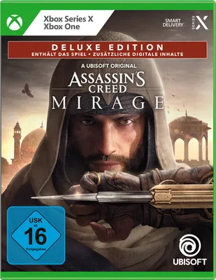 The cover art for the Deluxe Edition of Assassin's Creed Mirage for Xbox Series X/Xbox One.